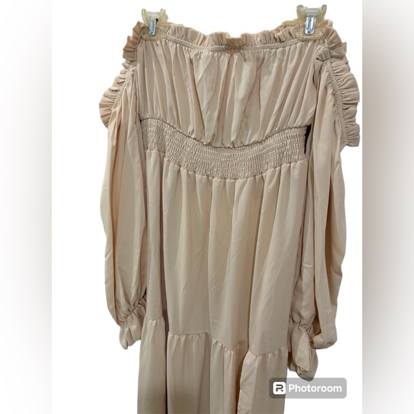 Beige Off Shoulder Long Sleeve Boho Peasant Dress - Picture 6 of 7